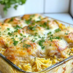 - 2 cups cooked orzo pasta - 1 lb boneless skinless chicken thighs, cut into bite-sized pieces - 2 large onions, thinly sliced - 3 cloves garlic, minced - 2 cups chicken broth - 1 cup shredded Gruyère cheese - 1 cup shredded mozzarella cheese - 1 tablespoon olive oil - 1 teaspoon dried thyme - ½ teaspoon black pepper - 1 teaspoon salt You need these main ingredients for this tasty dish. The cooked orzo pasta gives a nice base. Chicken thighs add juicy flavor. Thinly sliced onions and minced garlic bring sweetness and depth. Chicken broth keeps everything moist. The Gruyère and mozzarella cheeses create a rich, creamy topping. Olive oil helps with cooking, while thyme, black pepper, and salt enhance the taste. - Fresh parsley for garnish - Alternative spices or herbs You can add fresh parsley for color and a touch of freshness. If you like, try other spices or herbs to make the dish your own. Explore your pantry and get creative! {{ingredient_image_1}} - Preheat your oven to 375°F (190°C). - Thinly slice the onions and mince the garlic. - Cut the chicken into bite-sized pieces. - Heat olive oil in a large skillet over medium heat. - Add the sliced onions and cook for 10-12 minutes. - Stir often to get them nice and soft. - Once they soften, add minced garlic and thyme. - Cook for 2 more minutes until you smell the garlic. - In a separate pot, simmer the chicken broth. - Add the diced chicken thighs to the broth. - Cook for 5-7 minutes until the chicken is fully cooked. - In another pot, cook the orzo until tender, about 8-10 minutes. - In a large bowl, mix cooked orzo, chicken, and onions. - Add in black pepper and salt for flavor. - Transfer this mix into a greased 9x13-inch baking dish. - Sprinkle half of the Gruyère and mozzarella cheeses on top. - Pour the warm chicken broth over the mixture. - Cover the dish with aluminum foil. - Bake for 25 minutes in the preheated oven. - After 25 minutes, remove the foil. - Bake for another 15 minutes until the cheese is golden and bubbly. To check if your chicken is done, use a meat thermometer. The internal temperature should reach 165°F (75°C). If you don’t have one, cut a piece in half. The meat should be white, not pink. For extra flavor, marinate the chicken in olive oil, salt, and thyme for at least 30 minutes before cooking. This helps infuse the chicken with taste and keeps it moist. Caramelizing onions takes time, but the results are worth it. Start with medium heat and add a pinch of salt. This helps draw out moisture and enhances sweetness. Stir the onions every few minutes to prevent burning. If they start to stick, add a splash of water or broth. Aim for a deep golden color, which usually takes about 10-12 minutes. This dish pairs well with a simple green salad or steamed vegetables. You can add roasted broccoli or asparagus for a pop of color. For garnishes, sprinkle fresh parsley on top before serving. It adds freshness and makes the dish look even more inviting. Enjoy your meal with a crisp white wine to complement the flavors. Pro Tips Choose the Right Onions: Using a mix of yellow and sweet onions can enhance the flavor profile, adding depth to the dish. Let the Chicken Brown: Searing the chicken pieces before adding them to the mix can provide a richer, more complex flavor. Don't Skip the Foil: Covering the dish with foil during the first part of baking helps to retain moisture, ensuring that the chicken stays tender. Experiment with Cheese: While Gruyère and mozzarella are great, try adding a bit of blue cheese or fontina for a unique twist! {{image_2}} You can easily make this dish vegetarian. Instead of chicken, use chickpeas or tofu. For the broth, swap chicken broth with vegetable broth. This keeps all the rich flavors while being meat-free. You can even add some nutritional yeast for a cheesy taste without dairy. Want more veggies? You can add bell peppers, spinach, or mushrooms. Carrots also work well. Just sauté them with the onions. This adds color and nutrients. Mix in broccoli for a crunchy bite. The more veggies, the better! For different tastes, try adding herbs like rosemary or basil. You can also use different cheeses. Try cheddar or fontina for a twist. A dash of hot sauce can add a kick! Experiment with spices like paprika or garlic powder for extra flavor. Mix and match to find your favorite blend. To keep your French Onion Chicken Orzo Bake fresh, store it in an airtight container. Place it in the fridge after it cools down. This dish can last up to three days in the fridge. If you want to enjoy it later, proper storage helps keep the flavors intact. When reheating, make sure to use a microwave or oven. If using a microwave, heat it in short intervals. Stir in between for even heating. If you prefer the oven, cover the dish with foil. This keeps the moisture in and prevents the cheese from burning. Bake at 350°F (175°C) until heated through. Yes, you can freeze French Onion Chicken Orzo Bake! To do this, let it cool completely first. Then, wrap it tightly in plastic wrap and foil or place it in a freezer-safe container. It will stay good for up to three months in the freezer. When ready to eat, thaw it overnight in the fridge before reheating. This way, you can enjoy this delicious meal anytime! You can try several pasta types. Here are some options: - Quinoa: A great gluten-free choice. - Rice: Use long-grain or jasmine rice for a similar texture. - Acini di pepe: Small pasta that works well in this dish. - Small shells: These add a fun shape and texture. These substitutes will change the taste, but they can still be tasty. Yes, you can prep this meal in advance. Here’s how: 1. Cook the orzo: Follow the recipe steps. 2. Prepare the chicken and onions: Cook as directed and let cool. 3. Combine ingredients: Mix everything together in your baking dish. 4. Cover and chill: Wrap it in plastic wrap. When ready, bake it straight from the fridge. Just add a few extra minutes to the time. Reheating leftovers is easy. Here are two great methods: - Oven: Preheat to 350°F (175°C) and bake for 15-20 minutes. - Microwave: Heat in a bowl for 2-3 minutes, stirring halfway. Make sure it’s hot all the way through. Add a bit of broth if it seems dry. No, this dish is not gluten-free because orzo contains wheat. However, you can make it gluten-free easily. Use gluten-free orzo or other gluten-free pasta. Check the chicken broth label too. Some brands may have gluten. By using these swaps, you can enjoy this dish without worries. This blog post covered making French Onion Chicken Orzo Bake. You learned about the key ingredients like orzo, chicken, onions, and cheese. I shared cooking techniques for perfectly caramelized onions and juicy chicken. We discussed tips for storing leftovers and reheating them. You can even try vegetarian versions or add more veggies for extra flavor. Enjoy creating this comforting dish. With some practice, you'll master it and impress everyone. Happy cooking!