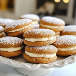 To start, you'll need the dry ingredients that give these whoopie pies their warm spice. Gather the following: - 2 1/2 cups all-purpose flour - 1 teaspoon baking soda - 1 teaspoon ground ginger - 1 teaspoon ground cinnamon - 1/2 teaspoon ground nutmeg - 1/2 teaspoon salt These spices create that classic gingerbread flavor. The baking soda helps the cookies rise. Next, we mix in the wet ingredients. These will make the cookies soft and moist. Here's what you need: - 1/2 cup unsalted butter, softened - 1 cup brown sugar, packed - 1 large egg - 1/2 cup molasses - 1 teaspoon vanilla extract The butter and brown sugar blend together to create a rich base. Molasses adds depth to the flavor. Finally, let's not forget the fluffy filling! This will make your whoopie pies extra special. You'll need: - 8 oz cream cheese, softened - 1/4 cup unsalted butter, softened - 2 cups powdered sugar - 1 teaspoon vanilla extract This filling is sweet and creamy. The cream cheese gives it a nice tang that balances the sweet cookies. Using these ingredients, you’ll create irresistible holiday treats that everyone will love! {{ingredient_image_1}} - Preheat the oven to 350°F (175°C). - Line two baking sheets with parchment paper. This helps with easy clean-up. - In a medium bowl, mix together the dry ingredients. - You will need flour, baking soda, ginger, cinnamon, nutmeg, and salt. - In a large bowl, cream the softened butter and brown sugar together. - Beat until it looks light and fluffy. - Add the egg to the mix. Then, add molasses and vanilla. Stir until everything blends well. - Gradually mix the dry ingredients into the wet ingredients. - Be careful not to over-mix; just combine until you see no flour. - Use a spoon to drop tablespoon-sized mounds of dough on the baking sheets. - Leave space between each mound. They will spread when baking. - Bake for 10-12 minutes. The edges should be firm, and the centers should feel soft. - After baking, let them cool for 5 minutes on the sheets. Then, transfer to a wire rack to cool completely. To get the right texture, use softened butter. It should feel like a cloud. If it’s too hard, the cookies won’t mix well. Cream the butter and brown sugar together until fluffy. This helps add air to the dough. Mix the dry ingredients well, but don’t over-mix the batter. This keeps the cookies soft. For a smooth filling, make sure the cream cheese is very soft. Beat the cream cheese and butter well until creamy. Gradually add powdered sugar to avoid lumps. If the filling is too sweet, add a pinch of salt. This balances the flavors just right. You can also adjust sweetness by adding more or less sugar based on your taste. A light dusting of powdered sugar makes the whoopie pies look festive. Use a fine mesh sieve to sprinkle the sugar evenly. This adds a nice touch for holiday gatherings. Serve them on a bright platter or cake stand. They will look great at any party! Pro Tips Chill the Dough: For better shaping and to prevent spreading, chill the batter in the refrigerator for about 30 minutes before baking. Uniform Size: Use a cookie scoop to ensure each whoopie pie is the same size, resulting in evenly matched pairs for filling. Room Temperature Ingredients: Make sure your cream cheese and butter are at room temperature for a smooth, creamy filling that blends easily. Flavor Variations: Experiment with add-ins like chocolate chips or chopped nuts in the batter for an extra flavor twist! {{image_2}} You can change up the flavor of your whoopie pies for fun. Try making Pumpkin Spice Whoopie Pies. For these, swap out some molasses for pumpkin puree. Add pumpkin spice to the mix. This twist makes a cozy treat for fall. Another great option is Chocolate Gingerbread Whoopie Pies. Just add cocoa powder to the dry mix. This adds a rich taste that pairs well with the gingerbread. You’ll love the mix of chocolate and spices. If you want to switch the filling, consider using marshmallow fluff. It adds a light and sweet touch. Just spread it between the cookies like you would with cream cheese. Another idea is to use specialty flavored cream cheese. You can add things like orange zest or maple syrup for a fun twist. These options add depth and keep things exciting. For those needing gluten-free options, use a gluten-free flour blend. Make sure the blend has xanthan gum for good texture. This way, everyone can enjoy your whoopie pies. If you want a vegan version, swap the butter for coconut oil. Use a flax egg instead of a regular egg. You can also use a plant-based cream cheese for the filling. These changes let you enjoy whoopie pies without animal products. To keep your gingerbread whoopie pies fresh at room temperature, place them in an airtight container. Line the container with parchment paper to avoid sticking. These pies stay soft for about three days. Keep them in a cool, dry spot, away from heat or direct sunlight. If you want to save some whoopie pies for later, freezing is a great option. First, freeze the pies without filling for about an hour. Then, wrap each pie in plastic wrap and place them in a freezer bag. For the filling, store it in a separate airtight container. You can freeze the filling for up to three months. Just remember to thaw it in the fridge before using it again. To refresh your whoopie pies, you can microwave them for about 10-15 seconds. This will warm them up and make them soft again. If you prefer, you can also put them in the oven at 350°F (175°C) for about five minutes. This will help bring back that fresh-baked taste. Enjoy them warm, and they’ll taste just like they came out of the oven! Whoopie pies are a classic treat. They likely began in New England. Some say they came from the Amish in Pennsylvania. Others believe they started in Maine. These sweet pies are made of two soft cookies with cream filling. People love them for their tasty flavors and fun shape. Yes, you can make these gingerbread whoopie pies ahead of time! Bake the cookies and cool them first. Store them in an airtight container. You can also make the cream cheese filling ahead. Just keep it in the fridge. Assemble the pies on the day you want to serve them. This will keep them fresh and tasty. To adjust the sweetness of the cream cheese filling, you can add or reduce powdered sugar. Start with less sugar and taste it. If you want it sweeter, add more sugar a little at a time. You can also add a pinch of salt. This will balance the sweetness and make it taste better. Common mistakes include overmixing the batter and not spacing the cookies. Overmixing can make the cookies dense. Be sure to mix just until combined. Also, leave enough space between the mounds on the baking sheet. They spread when baking, so give them room. Lastly, let them cool before adding the filling for best results. This blog post covered the key ingredients and steps for making tasty gingerbread whoopie pies. We explored both dry and wet ingredients, including a creamy filling. I shared tips for perfect texture and ways to customize your pies with different flavors. Remember, making whoopie pies can be fun and creative. Follow the instructions, and enjoy baking. Whether you serve them at a party or keep them for yourself, these treats will surely please. Happy baking!