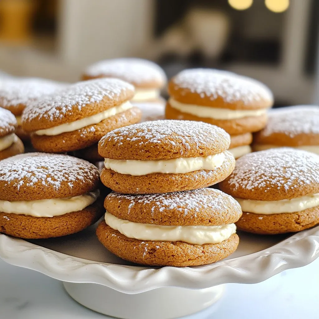 To start, you'll need the dry ingredients that give these whoopie pies their warm spice. Gather the following: - 2 1/2 cups all-purpose flour - 1 teaspoon baking soda - 1 teaspoon ground ginger - 1 teaspoon ground cinnamon - 1/2 teaspoon ground nutmeg - 1/2 teaspoon salt These spices create that classic gingerbread flavor. The baking soda helps the cookies rise. Next, we mix in the wet ingredients. These will make the cookies soft and moist. Here's what you need: - 1/2 cup unsalted butter, softened - 1 cup brown sugar, packed - 1 large egg - 1/2 cup molasses - 1 teaspoon vanilla extract The butter and brown sugar blend together to create a rich base. Molasses adds depth to the flavor. Finally, let's not forget the fluffy filling! This will make your whoopie pies extra special. You'll need: - 8 oz cream cheese, softened - 1/4 cup unsalted butter, softened - 2 cups powdered sugar - 1 teaspoon vanilla extract This filling is sweet and creamy. The cream cheese gives it a nice tang that balances the sweet cookies. Using these ingredients, you’ll create irresistible holiday treats that everyone will love! {{ingredient_image_1}} - Preheat the oven to 350°F (175°C). - Line two baking sheets with parchment paper. This helps with easy clean-up. - In a medium bowl, mix together the dry ingredients. - You will need flour, baking soda, ginger, cinnamon, nutmeg, and salt. - In a large bowl, cream the softened butter and brown sugar together. - Beat until it looks light and fluffy. - Add the egg to the mix. Then, add molasses and vanilla. Stir until everything blends well. - Gradually mix the dry ingredients into the wet ingredients. - Be careful not to over-mix; just combine until you see no flour. - Use a spoon to drop tablespoon-sized mounds of dough on the baking sheets. - Leave space between each mound. They will spread when baking. - Bake for 10-12 minutes. The edges should be firm, and the centers should feel soft. - After baking, let them cool for 5 minutes on the sheets. Then, transfer to a wire rack to cool completely. To get the right texture, use softened butter. It should feel like a cloud. If it’s too hard, the cookies won’t mix well. Cream the butter and brown sugar together until fluffy. This helps add air to the dough. Mix the dry ingredients well, but don’t over-mix the batter. This keeps the cookies soft. For a smooth filling, make sure the cream cheese is very soft. Beat the cream cheese and butter well until creamy. Gradually add powdered sugar to avoid lumps. If the filling is too sweet, add a pinch of salt. This balances the flavors just right. You can also adjust sweetness by adding more or less sugar based on your taste. A light dusting of powdered sugar makes the whoopie pies look festive. Use a fine mesh sieve to sprinkle the sugar evenly. This adds a nice touch for holiday gatherings. Serve them on a bright platter or cake stand. They will look great at any party! Pro Tips Chill the Dough: For better shaping and to prevent spreading, chill the batter in the refrigerator for about 30 minutes before baking. Uniform Size: Use a cookie scoop to ensure each whoopie pie is the same size, resulting in evenly matched pairs for filling. Room Temperature Ingredients: Make sure your cream cheese and butter are at room temperature for a smooth, creamy filling that blends easily. Flavor Variations: Experiment with add-ins like chocolate chips or chopped nuts in the batter for an extra flavor twist! {{image_2}} You can change up the flavor of your whoopie pies for fun. Try making Pumpkin Spice Whoopie Pies. For these, swap out some molasses for pumpkin puree. Add pumpkin spice to the mix. This twist makes a cozy treat for fall. Another great option is Chocolate Gingerbread Whoopie Pies. Just add cocoa powder to the dry mix. This adds a rich taste that pairs well with the gingerbread. You’ll love the mix of chocolate and spices. If you want to switch the filling, consider using marshmallow fluff. It adds a light and sweet touch. Just spread it between the cookies like you would with cream cheese. Another idea is to use specialty flavored cream cheese. You can add things like orange zest or maple syrup for a fun twist. These options add depth and keep things exciting. For those needing gluten-free options, use a gluten-free flour blend. Make sure the blend has xanthan gum for good texture. This way, everyone can enjoy your whoopie pies. If you want a vegan version, swap the butter for coconut oil. Use a flax egg instead of a regular egg. You can also use a plant-based cream cheese for the filling. These changes let you enjoy whoopie pies without animal products. To keep your gingerbread whoopie pies fresh at room temperature, place them in an airtight container. Line the container with parchment paper to avoid sticking. These pies stay soft for about three days. Keep them in a cool, dry spot, away from heat or direct sunlight. If you want to save some whoopie pies for later, freezing is a great option. First, freeze the pies without filling for about an hour. Then, wrap each pie in plastic wrap and place them in a freezer bag. For the filling, store it in a separate airtight container. You can freeze the filling for up to three months. Just remember to thaw it in the fridge before using it again. To refresh your whoopie pies, you can microwave them for about 10-15 seconds. This will warm them up and make them soft again. If you prefer, you can also put them in the oven at 350°F (175°C) for about five minutes. This will help bring back that fresh-baked taste. Enjoy them warm, and they’ll taste just like they came out of the oven! Whoopie pies are a classic treat. They likely began in New England. Some say they came from the Amish in Pennsylvania. Others believe they started in Maine. These sweet pies are made of two soft cookies with cream filling. People love them for their tasty flavors and fun shape. Yes, you can make these gingerbread whoopie pies ahead of time! Bake the cookies and cool them first. Store them in an airtight container. You can also make the cream cheese filling ahead. Just keep it in the fridge. Assemble the pies on the day you want to serve them. This will keep them fresh and tasty. To adjust the sweetness of the cream cheese filling, you can add or reduce powdered sugar. Start with less sugar and taste it. If you want it sweeter, add more sugar a little at a time. You can also add a pinch of salt. This will balance the sweetness and make it taste better. Common mistakes include overmixing the batter and not spacing the cookies. Overmixing can make the cookies dense. Be sure to mix just until combined. Also, leave enough space between the mounds on the baking sheet. They spread when baking, so give them room. Lastly, let them cool before adding the filling for best results. This blog post covered the key ingredients and steps for making tasty gingerbread whoopie pies. We explored both dry and wet ingredients, including a creamy filling. I shared tips for perfect texture and ways to customize your pies with different flavors. Remember, making whoopie pies can be fun and creative. Follow the instructions, and enjoy baking. Whether you serve them at a party or keep them for yourself, these treats will surely please. Happy baking!