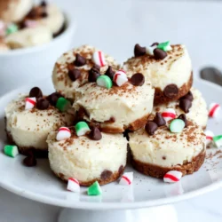 To make these No Bake Peppermint Cheesecake Bites, gather these simple ingredients: - 1 cup cream cheese, softened - 1/2 cup powdered sugar - 1 teaspoon vanilla extract - 1/2 teaspoon peppermint extract - 1 cup cool whip (or whipped cream) - 1 cup crushed graham crackers - 1/4 cup unsweetened cocoa powder (for dusting) - Mini chocolate chips (for garnish) - Crushed peppermint candies (for garnish) These ingredients blend into a creamy, minty treat. For a fun twist, try these garnishes: - Mini chocolate chips add sweetness. - Crushed peppermint candies give a festive crunch. You can also use sprinkles for color or cocoa powder for a classic look. If you need to swap ingredients, here are some ideas: - Use Greek yogurt instead of cream cheese for a lighter option. - Agave syrup can replace powdered sugar if you want less sugar. - Any whipped topping can stand in for cool whip. These substitutions help you customize your bites to fit your taste or dietary needs. {{ingredient_image_1}} To start, gather all your ingredients. You need: - 1 cup cream cheese, softened - 1/2 cup powdered sugar - 1 teaspoon vanilla extract - 1/2 teaspoon peppermint extract - 1 cup cool whip (or whipped cream) - 1 cup crushed graham crackers - 1/4 cup unsweetened cocoa powder (for dusting) - Mini chocolate chips (for garnish) - Crushed peppermint candies (for garnish) Next, grab a mixing bowl. Beat the softened cream cheese with the powdered sugar until it is smooth. This step is key for a creamy texture. Then, add the vanilla and peppermint extracts. Mix well to blend the flavors. Now, it’s time for the cool whip. Gently fold it into your cream cheese mixture. Use a spatula and be careful not to deflate the cool whip. You want your mixture to stay light and fluffy. Once combined, add the crushed graham crackers. Stir until they are fully mixed in. This adds a nice crunch to your bites. Now comes the fun part! Use your hands to form small balls from the mixture. Aim for about 1 inch in diameter. Place them on a parchment-lined baking sheet. Once you shape all the bites, cover the sheet with plastic wrap. Place it in the fridge for at least 2 hours. This helps them firm up nicely. After chilling, you can roll them in cocoa powder for a darker look or leave them plain. For a festive touch, garnish with mini chocolate chips and crushed peppermint candies. The colors pop and add a holiday flair! When mixing your ingredients, start with softened cream cheese. This makes it easy to blend. Use a hand mixer for a smooth mix. Combine the powdered sugar slowly to avoid a cloud of sugar. Once you add the vanilla and peppermint extracts, mix until they are well blended. Be gentle when folding in the cool whip. This keeps the mixture light and fluffy. Store your peppermint cheesecake bites in an airtight container. Keep them in the fridge to stay fresh. These bites taste best when chilled. You can serve them on a festive plate. Add a few peppermint candies around for a pop of color. This makes your dessert look great and inviting. To get the right texture, chill your bites for at least two hours. This helps them firm up nicely. When rolling them in cocoa powder, do it lightly. This gives a nice taste without overpowering the peppermint. Using crushed peppermint candies as a garnish adds a fun crunch. Enjoy the mix of smooth and crunchy textures in every bite! Pro Tips Chill Your Ingredients: For a smoother and creamier mixture, ensure that your cream cheese is at room temperature before mixing. Use Fresh Peppermint: For an extra burst of flavor, consider using crushed fresh peppermint leaves in addition to the extract. Mix It Up: Feel free to add in your favorite mix-ins like nuts or additional chocolate chips for added texture and flavor. Presentation Counts: Arrange the cheesecake bites on a colorful platter and use festive sprinkles to add a cheerful touch! {{image_2}} You can easily change the flavor of these cheesecake bites. Try adding different extracts. Almond or orange extracts can give a nice twist. You can also mix in some lemon zest for a fresh kick. For a chocolate version, add melted chocolate to the cream cheese mix. This will make the bites rich and creamy. Instead of cocoa powder, try crushed nuts or coconut flakes. They add a great crunch. You can also use sprinkles for a fun look. If you want a more decadent treat, dip the bites in melted chocolate. Let them cool on parchment paper. This will give them a smooth, glossy finish. These cheesecake bites are perfect for any holiday. For Halloween, add orange food coloring and top with candy corn. In spring, use pastel colors and top with mini eggs. For Thanksgiving, try adding pumpkin spice to the mix. You can even use crushed graham crackers with cinnamon for a pumpkin pie flavor. The options are endless! To keep your no bake peppermint cheesecake bites fresh, store them in an airtight container. Line the container with parchment paper to avoid sticking. Place a layer of bites in the container, then add another piece of parchment paper on top. This method protects the bites from freezer burn and helps them stay soft. These cheesecake bites can last in the fridge for up to five days. If you want to keep them longer, freezing is a great option. You can enjoy these bites chilled or frozen. The peppermint flavor stays strong, making them a tasty treat anytime. To freeze the cheesecake bites, place them in a single layer on a baking sheet. Freeze them for about an hour until solid. Once firm, transfer the bites to your airtight container. They can last up to two months in the freezer. When you're ready to eat, just thaw them in the fridge for a few hours. Enjoy them cold or at room temperature for a delightful treat! You can prepare these cheesecake bites a day in advance. After forming the bites, cover them with plastic wrap. Store them in the fridge overnight. This allows the flavors to blend. They will also firm up nicely. Just remember to roll them in cocoa powder before serving. Yes, you can use low-fat cream cheese. It will still taste good, but the texture may change slightly. Low-fat cream cheese can make the bites less rich. If you want a creamier taste, stick with full-fat cream cheese. Serve these bites chilled on a fun plate. Add a few peppermint candies around them for color. You can also sprinkle extra crushed peppermint on top. For a festive touch, use mini chocolate chips as a garnish. These details make the bites look more appealing and fun. To wrap up, we covered everything you need for delicious cheesecake bites. We listed ingredients, suggested optional garnishes, and offered substitutions. Step-by-step instructions made it easy to prepare, mix, and chill. I shared tips for better texture and smart storage methods. You can explore flavor variations and creative toppings to keep things fresh. Remember, making these bites ahead saves time. Enjoy your cheesecake journey!