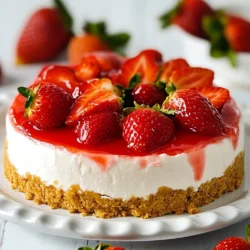 - 1 ½ cups graham cracker crumbs - ½ cup unsalted butter, melted - 2 cups cream cheese, softened - 1 cup powdered sugar - 1 teaspoon vanilla extract - 1 cup heavy whipping cream - 2 cups fresh strawberries, hulled and sliced - 2 tablespoons lemon juice - Additional strawberries for garnish - Mixing bowls - Electric mixer - 9-inch springform pan Gathering the right ingredients is key for a great no-bake strawberry cheesecake. You will need graham cracker crumbs to make a tasty crust. Melting unsalted butter will help bind the crumbs. Cream cheese gives the filling its rich texture. Powdered sugar adds sweetness, while vanilla extract enhances flavor. Heavy whipping cream makes the cheesecake light and fluffy. Fresh strawberries bring a burst of flavor, and lemon juice adds a fresh zing. For garnish, you can use extra strawberries if you like. This adds a nice touch to your dessert. Make sure you have the right tools. You will need mixing bowls to combine your ingredients. An electric mixer helps beat the cream cheese smoothly. A 9-inch springform pan is perfect for holding your cheesecake while it sets. With these ingredients and tools ready, you are on your way to making a delightful no-bake strawberry cheesecake! {{ingredient_image_1}} - In a mixing bowl, combine 1 ½ cups graham cracker crumbs and ½ cup melted unsalted butter. Mix until it looks like wet sand. - Press this mixture firmly into the bottom of a 9-inch springform pan. Make sure it is even. - Place the crust in the refrigerator for at least 30 minutes. This helps it set well. - In a clean bowl, use an electric mixer to beat 2 cups of softened cream cheese until it is smooth. - Gradually add 1 cup of powdered sugar and 1 teaspoon of vanilla. Mix until it is fully combined and smooth. - In another bowl, whip 1 cup of heavy whipping cream until it forms stiff peaks. This adds lightness to the cheesecake. - Carefully fold the whipped cream into the cream cheese mixture. Mix until just combined; be gentle to keep it airy. - Next, fold in 2 cups of hulled and sliced strawberries and 2 tablespoons of lemon juice. This adds flavor and freshness. - Pour the cheesecake filling into the chilled crust. Spread it evenly. - Refrigerate for at least 4 hours, or overnight for best results. This allows it to set properly. - When ready, gently remove the sides of the springform pan. Serve chilled, adding extra strawberries if you like. - Always use cream cheese at room temperature. This helps it blend smoothly. - Mix gently to keep the whipped cream light. Over-mixing can make it dense. - Top with extra strawberries for a fresh look. Mint leaves also add color. - Pair this cheesecake with sweet tea or sparkling water for a great drink. - If the crust is too crumbly, add more melted butter to bind it. - If the cheesecake does not set, check the chill time. It needs at least 4 hours. Pro Tips Use Cold Ingredients: Make sure your cream cheese and heavy cream are both cold for better whipping and mixing results. Fresh Strawberries Only: Use fresh strawberries for the best flavor and texture; frozen strawberries can make the cheesecake watery. Chill Longer for Best Results: For a firmer cheesecake, allow it to chill overnight instead of just 4 hours. Garnishing Options: Experiment with different fruits or chocolate shavings as garnishes to elevate the presentation. {{image_2}} You can switch up the flavors in your no-bake cheesecake. Try a chocolate no-bake cheesecake by mixing cocoa powder into the cream cheese. For a berry twist, use blueberries or raspberries instead of strawberries. You can also add a splash of citrus zest, like lemon or orange, for a fresh taste. These changes keep the dessert fun and exciting. If you need gluten-free options, use gluten-free graham cracker crumbs for the crust. For a vegan version, replace cream cheese with a vegan cream cheese substitute. You can also whip coconut cream to replace heavy whipping cream. These swaps ensure everyone can enjoy this treat without worry. You can make mini cheesecakes for a fun twist. Use cupcake liners in a muffin tin instead of a springform pan. Follow the same steps, but pour the filling into each liner. Chill them for at least 4 hours. For a cute presentation, top each mini cheesecake with a slice of strawberry or a drizzle of sauce. These bite-sized desserts are perfect for parties! You can keep your no-bake strawberry cheesecake in the fridge for up to five days. To store it, cover the cheesecake with plastic wrap or place it in an airtight container. This keeps it fresh and prevents it from absorbing other smells in the fridge. To freeze the cheesecake, first chill it in the fridge for at least four hours. Once set, wrap it tightly in plastic wrap, then in aluminum foil. This helps stop freezer burn. It can stay frozen for up to two months. When you want to enjoy it, move it to the fridge for a few hours to thaw. For quick thawing, you can leave it at room temp for about 30 minutes. After storage, the texture may be a bit different. To restore it, let it sit at room temperature for about 20 minutes before serving. This helps it soften up. For a fresh look, add extra sliced strawberries on top right before serving. This adds color and makes it eye-catching! Yes, you can make this cheesecake ahead of time. I often prepare it a day before serving. Just let it set in the fridge overnight. This gives the flavors time to meld. It also ensures a firmer texture. When ready to serve, remove it from the springform pan and enjoy. You can use several substitutes for cream cheese. Some good options include: - Greek yogurt - Ricotta cheese - Mascarpone cheese - Tofu Each substitute will change the flavor and texture a bit. Greek yogurt will make it tangy. Ricotta will give a lighter texture. Mascarpone will add a rich creaminess. Tofu can also work well for a vegan option, though it may taste less rich. You can tell the cheesecake is set by checking a few things: - It should be firm to the touch. - The edges will pull away slightly from the pan. - A gentle shake will show little movement in the center. If it wobbles too much, it needs more time in the fridge. Be patient; a well-set cheesecake is worth the wait! This blog post covered all the steps for a delicious no-bake cheesecake. You learned about the key ingredients, how to prepare the crust, and mix the filling. I shared tips to avoid common mistakes and ideas for variations. Remember, don’t stress if your cheesecake isn't perfect the first time. With practice, you’ll master this dessert. Enjoy making your cheesecake, and don’t forget to share it! Fresh strawberries or a twist of lemon can make it even better. Happy baking!