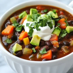 - 2 cups dried black beans (or 4 cans canned black beans, rinsed and drained) - 1 medium onion, chopped - 3 cloves garlic, minced - 1 bell pepper (any color), diced - 2 medium carrots, diced - 2 celery stalks, diced - 4 cups vegetable broth - 1 can (14 oz) diced tomatoes with green chilies - 2 teaspoons ground cumin - 1 teaspoon smoked paprika - 1 teaspoon chili powder - Salt and pepper to taste - 2 tablespoons olive oil - Juice of 1 lime - Fresh cilantro, for garnish - Avocado, diced (for serving) - Sour cream or Greek yogurt (optional, for serving) When you buy fresh ingredients, look for bright colors. For the bell pepper, choose one that feels firm and heavy. The skin should be smooth with no blemishes. Choose onions that are dry and firm. Avoid any with soft spots. Garlic should be plump and firm, with no green sprouts. For carrots and celery, look for crisp and bright stalks. To make the soup even better, try adding a few garnishes. Fresh cilantro adds a nice touch. Diced avocado brings creaminess and flavor. A dollop of sour cream or Greek yogurt can add richness. If you like spice, add a sprinkle of chili flakes. These options let you customize each bowl to your taste. {{ingredient_image_1}} To make your One-Pot Black Bean Soup, begin with the right prep. If you chose dried black beans, soak them overnight. This helps them cook well. If you go for canned beans, just rinse them under cold water. Set them aside for later. Next, chop your vegetables. You need one medium onion, three cloves of garlic, one bell pepper, two carrots, and two celery stalks. Dice them into small pieces. This helps them cook evenly and blend nicely in your soup. Now, let’s sauté the veggies for a tasty base. Heat two tablespoons of olive oil in a large pot over medium heat. Once hot, add the chopped onion and garlic. Stir them for about one minute until fragrant. Then, toss in the diced bell pepper, carrots, and celery. Sauté these for about five to seven minutes. You want them soft but not mushy. This step builds a great flavor foundation for your soup. After the veggies are ready, add your spices. Stir in two teaspoons of ground cumin, one teaspoon of smoked paprika, one teaspoon of chili powder, and some salt and pepper. Cook this for another minute. This will enhance the aroma and taste of your soup. Next, it’s time to add the beans. If you used dried beans, drain them and add them now with four cups of vegetable broth. Bring this mixture to a boil. Then, reduce the heat to low, cover, and let it simmer for about 1.5 to 2 hours. Stir occasionally to keep things mixed well. If you used canned beans, add them with a 14 oz can of diced tomatoes. You will only need 20 to 30 minutes of simmering to heat everything through. If the soup gets too thick, feel free to add a bit more broth or water. This simple method makes a soup full of rich flavors and textures. Enjoy the process! To make your black bean soup shine, use herbs and spices wisely. I like to add fresh cilantro at the end for a bright taste. You can also use bay leaves while cooking. They add depth to the flavor. Ground cumin and smoked paprika bring warmth and richness. If you want a kick, add more chili powder. Don’t be shy to taste as you go. Adjust the amounts to match your taste. Not everyone enjoys the same spice level. If you want it mild, skip extra chili powder. For more heat, use diced jalapeños or hot sauce. You can also add crushed red pepper flakes. Start with a small amount and increase it slowly. This way, you can control how spicy it gets. Remember, you can always add more, but you can't take it out. A large pot works best for this soup. It lets you sauté and simmer without spilling. An immersion blender is a handy tool for creamy soup. It blends part of the soup while keeping some beans whole. If you don’t have one, a regular blender works too. Just be careful when blending hot soup. Lastly, always have a good knife and a cutting board for fast prep. Pro Tips Soak Your Beans: If using dried black beans, soaking them overnight not only reduces cooking time but also helps in digestion. Add Depth of Flavor: Enhance the soup's flavor by adding a dash of soy sauce or tamari along with the spices. Fresh Herbs Boost: For an added freshness, consider incorporating chopped fresh herbs like parsley or oregano along with the cilantro. Adjust Consistency: If you prefer a thicker soup, reduce the amount of broth, or if it’s too thick, gradually add more broth until desired texture is achieved. {{image_2}} You can easily make this soup vegetarian. Just use vegetable broth, as the recipe shows. For a vegan version, skip the sour cream and Greek yogurt. Instead, add avocado for creaminess. Both options keep the soup tasty and hearty. If you want more protein, add meat like chicken or turkey. Cook the meat first, then add the veggies. Ground beef or sausage works well, too. For meatless protein, consider adding lentils or tofu. They blend nicely with the beans for texture. Black beans are the star here, but feel free to experiment. Kidney beans or pinto beans can replace black beans. You can also mix different beans for fun flavors. Using canned beans saves time, but dried beans give a richer taste. Just remember to soak them overnight! You can store leftover soup easily. First, let it cool down. Then, put it in an airtight container. This keeps the soup fresh for later. Leftover One-Pot Black Bean Soup stays good in the fridge for about three to four days. If you want to keep it longer, freezing is a great option. Reheating the soup is simple. You can use the stove or microwave. If using the stove, pour the soup into a pot. Heat it on low to medium heat. Stir often to avoid sticking. If you’re using a microwave, put the soup in a microwave-safe bowl. Heat it in short bursts, stirring in between. This ensures even heating. Always check that it's hot all the way through before serving. Enjoy your warm bowl of soup! Yes, you can use canned beans. If you choose canned black beans, use four cans. Rinse and drain them before adding to your soup. This saves time and makes your soup ready in about 30 minutes. You can substitute water for vegetable broth. If you want more flavor, use chicken broth or beef broth. You can also make your own broth with herbs and spices. This gives your soup a nice taste. Your black bean soup can last for about 4 to 5 days in the fridge. Store it in an airtight container. Always let it cool before putting it in the fridge. This helps keep it fresh. Yes, you can freeze black bean soup. It stays good for about 3 months in the freezer. Make sure to cool the soup completely first. Store it in a freezer-safe container to avoid freezer burn. Top your soup with diced avocado for creaminess. Fresh cilantro adds a nice touch. You can also add a dollop of sour cream or Greek yogurt. Lime juice brightens up the flavor, too! One-Pot Black Bean Soup is easy to make and satisfying. We covered key ingredients, cooking steps, and ways to enhance flavor and texture. You learned about vegetarian options, adding proteins, and storing leftovers. Remember, fresh ingredients and the right herbs can make your soup pop. Enjoy your tasty creations and make them your own! This soup is not just a meal; it's a chance to be creative in your kitchen.