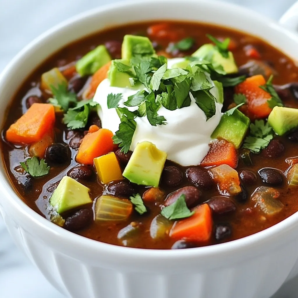- 2 cups dried black beans (or 4 cans canned black beans, rinsed and drained) - 1 medium onion, chopped - 3 cloves garlic, minced - 1 bell pepper (any color), diced - 2 medium carrots, diced - 2 celery stalks, diced - 4 cups vegetable broth - 1 can (14 oz) diced tomatoes with green chilies - 2 teaspoons ground cumin - 1 teaspoon smoked paprika - 1 teaspoon chili powder - Salt and pepper to taste - 2 tablespoons olive oil - Juice of 1 lime - Fresh cilantro, for garnish - Avocado, diced (for serving) - Sour cream or Greek yogurt (optional, for serving) When you buy fresh ingredients, look for bright colors. For the bell pepper, choose one that feels firm and heavy. The skin should be smooth with no blemishes. Choose onions that are dry and firm. Avoid any with soft spots. Garlic should be plump and firm, with no green sprouts. For carrots and celery, look for crisp and bright stalks. To make the soup even better, try adding a few garnishes. Fresh cilantro adds a nice touch. Diced avocado brings creaminess and flavor. A dollop of sour cream or Greek yogurt can add richness. If you like spice, add a sprinkle of chili flakes. These options let you customize each bowl to your taste. {{ingredient_image_1}} To make your One-Pot Black Bean Soup, begin with the right prep. If you chose dried black beans, soak them overnight. This helps them cook well. If you go for canned beans, just rinse them under cold water. Set them aside for later. Next, chop your vegetables. You need one medium onion, three cloves of garlic, one bell pepper, two carrots, and two celery stalks. Dice them into small pieces. This helps them cook evenly and blend nicely in your soup. Now, let’s sauté the veggies for a tasty base. Heat two tablespoons of olive oil in a large pot over medium heat. Once hot, add the chopped onion and garlic. Stir them for about one minute until fragrant. Then, toss in the diced bell pepper, carrots, and celery. Sauté these for about five to seven minutes. You want them soft but not mushy. This step builds a great flavor foundation for your soup. After the veggies are ready, add your spices. Stir in two teaspoons of ground cumin, one teaspoon of smoked paprika, one teaspoon of chili powder, and some salt and pepper. Cook this for another minute. This will enhance the aroma and taste of your soup. Next, it’s time to add the beans. If you used dried beans, drain them and add them now with four cups of vegetable broth. Bring this mixture to a boil. Then, reduce the heat to low, cover, and let it simmer for about 1.5 to 2 hours. Stir occasionally to keep things mixed well. If you used canned beans, add them with a 14 oz can of diced tomatoes. You will only need 20 to 30 minutes of simmering to heat everything through. If the soup gets too thick, feel free to add a bit more broth or water. This simple method makes a soup full of rich flavors and textures. Enjoy the process! To make your black bean soup shine, use herbs and spices wisely. I like to add fresh cilantro at the end for a bright taste. You can also use bay leaves while cooking. They add depth to the flavor. Ground cumin and smoked paprika bring warmth and richness. If you want a kick, add more chili powder. Don’t be shy to taste as you go. Adjust the amounts to match your taste. Not everyone enjoys the same spice level. If you want it mild, skip extra chili powder. For more heat, use diced jalapeños or hot sauce. You can also add crushed red pepper flakes. Start with a small amount and increase it slowly. This way, you can control how spicy it gets. Remember, you can always add more, but you can't take it out. A large pot works best for this soup. It lets you sauté and simmer without spilling. An immersion blender is a handy tool for creamy soup. It blends part of the soup while keeping some beans whole. If you don’t have one, a regular blender works too. Just be careful when blending hot soup. Lastly, always have a good knife and a cutting board for fast prep. Pro Tips Soak Your Beans: If using dried black beans, soaking them overnight not only reduces cooking time but also helps in digestion. Add Depth of Flavor: Enhance the soup's flavor by adding a dash of soy sauce or tamari along with the spices. Fresh Herbs Boost: For an added freshness, consider incorporating chopped fresh herbs like parsley or oregano along with the cilantro. Adjust Consistency: If you prefer a thicker soup, reduce the amount of broth, or if it’s too thick, gradually add more broth until desired texture is achieved. {{image_2}} You can easily make this soup vegetarian. Just use vegetable broth, as the recipe shows. For a vegan version, skip the sour cream and Greek yogurt. Instead, add avocado for creaminess. Both options keep the soup tasty and hearty. If you want more protein, add meat like chicken or turkey. Cook the meat first, then add the veggies. Ground beef or sausage works well, too. For meatless protein, consider adding lentils or tofu. They blend nicely with the beans for texture. Black beans are the star here, but feel free to experiment. Kidney beans or pinto beans can replace black beans. You can also mix different beans for fun flavors. Using canned beans saves time, but dried beans give a richer taste. Just remember to soak them overnight! You can store leftover soup easily. First, let it cool down. Then, put it in an airtight container. This keeps the soup fresh for later. Leftover One-Pot Black Bean Soup stays good in the fridge for about three to four days. If you want to keep it longer, freezing is a great option. Reheating the soup is simple. You can use the stove or microwave. If using the stove, pour the soup into a pot. Heat it on low to medium heat. Stir often to avoid sticking. If you’re using a microwave, put the soup in a microwave-safe bowl. Heat it in short bursts, stirring in between. This ensures even heating. Always check that it's hot all the way through before serving. Enjoy your warm bowl of soup! Yes, you can use canned beans. If you choose canned black beans, use four cans. Rinse and drain them before adding to your soup. This saves time and makes your soup ready in about 30 minutes. You can substitute water for vegetable broth. If you want more flavor, use chicken broth or beef broth. You can also make your own broth with herbs and spices. This gives your soup a nice taste. Your black bean soup can last for about 4 to 5 days in the fridge. Store it in an airtight container. Always let it cool before putting it in the fridge. This helps keep it fresh. Yes, you can freeze black bean soup. It stays good for about 3 months in the freezer. Make sure to cool the soup completely first. Store it in a freezer-safe container to avoid freezer burn. Top your soup with diced avocado for creaminess. Fresh cilantro adds a nice touch. You can also add a dollop of sour cream or Greek yogurt. Lime juice brightens up the flavor, too! One-Pot Black Bean Soup is easy to make and satisfying. We covered key ingredients, cooking steps, and ways to enhance flavor and texture. You learned about vegetarian options, adding proteins, and storing leftovers. Remember, fresh ingredients and the right herbs can make your soup pop. Enjoy your tasty creations and make them your own! This soup is not just a meal; it's a chance to be creative in your kitchen.