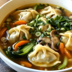 To make Asian dumpling potsticker soup, gather these simple ingredients: - 1 package of frozen dumplings (preferably pork or chicken) - 6 cups chicken or vegetable broth - 2 cups bok choy, chopped - 1 cup mushrooms, sliced (shiitake or button) - 1 medium carrot, julienned - 3 green onions, chopped - 2 garlic cloves, minced - 1 tablespoon ginger, grated - 2 tablespoons soy sauce - 1 tablespoon sesame oil - 1 teaspoon chili oil (optional, for heat) - Salt and pepper to taste - Fresh cilantro for garnish These ingredients blend well for a rich, comforting soup. I like to use pork or chicken dumplings. They add a nice flavor to the soup. You can also try shrimp or veggie dumplings based on your taste. Just make sure they are frozen for best results. Frozen dumplings cook quickly and are easy to use. You can use chicken or vegetable broth. Chicken broth gives a hearty taste, while vegetable broth keeps it light and fresh. If you want more depth, simmer the broth with extra garlic, ginger, or a splash of soy sauce. This extra step boosts the flavor of the soup a lot. {{ingredient_image_1}} Start by heating 1 tablespoon of sesame oil in a large pot. Set the heat to medium. Once the oil is hot, add 2 minced garlic cloves and 1 tablespoon of grated ginger. Sauté for about 1 minute until you smell the aroma. This step builds a strong flavor base for your soup. After that, pour in 6 cups of chicken or vegetable broth. Bring the broth to a gentle boil. Carefully add the frozen dumplings to the boiling broth. I like using pork or chicken dumplings for a tasty bite. Cook the dumplings according to the package instructions. This usually takes about 5 to 7 minutes. While they cook, prepare your vegetables. Add 1 medium julienned carrot and 1 cup of sliced mushrooms. Cook these for an additional 3 to 4 minutes. The goal is to make them tender and flavorful. After the dumplings and veggies are cooked, stir in 2 cups of chopped bok choy and 2 tablespoons of soy sauce. Cook for another 2 minutes until the bok choy wilts. If you enjoy spice, add 1 teaspoon of chili oil at this point. Season the soup with salt and pepper to taste. Once everything is heated through, remove the pot from the heat. Mix in half of the chopped green onions. Now it’s time to serve! Ladle the soup into bowls. Make sure to show off a few dumplings on top. Garnish with the rest of the green onions and a sprinkle of fresh cilantro. Enjoy your delicious, homemade Asian dumpling potsticker soup! To boost the flavor of your Asian dumpling potsticker soup, start with fresh ingredients. Use fresh garlic and ginger for the best taste. Sauté them in sesame oil until fragrant. This step adds depth to your broth. Adding soy sauce at the right time is key. Mix it in when you add the bok choy. This ensures the soup absorbs all the flavors. Consider adding a splash of rice vinegar. It brightens the soup and adds a tangy note. If you enjoy heat, drizzle in chili oil right before serving. This adds a nice kick while keeping the soup balanced. One common mistake is not cooking the dumplings properly. Always follow the package instructions. Undercooking can lead to a chewy texture. Another mistake is using too much salt. The broth usually has enough salt, especially when adding soy sauce. Taste as you go to avoid over-seasoning. Don’t skip the vegetables! They add nutrients and flavor. If you forget to add them, the soup will taste flat. Lastly, using old or frozen ingredients can dull the flavor. Fresh is always best for this dish. To make your soup look appealing, use deep bowls or ramen bowls. Arrange the dumplings so they are visible. This adds a nice touch and invites people to dig in. Sprinkle fresh cilantro on top for color and freshness. For extra flair, add a few slices of green onion on top. This not only looks great but also adds flavor. Serve the soup hot, and enjoy the warmth it brings. A beautiful presentation enhances the dining experience, making it more enjoyable for everyone. Pro Tips Fresh Ingredients: Using fresh vegetables will enhance the flavor and texture of your soup. Opt for crunchy bok choy and firm mushrooms for the best results. Customize Your Dumplings: If you have the time, try making your own dumplings! This allows you to control the filling and create unique flavors. Adjust the Spice Level: If you enjoy heat, consider adding sriracha or minced chili peppers along with the chili oil for an extra kick. Garnish for Flavor: Don’t skip the fresh cilantro and green onions as they add not just color but also a burst of freshness to your soup. {{image_2}} You can make this soup vegetarian or vegan. For a vegetarian twist, use vegetable broth and replace the frozen dumplings with vegetable dumplings. Many stores sell these, and they come in various flavors. If you want a vegan option, make sure to check the dumpling ingredients. Use tofu or tempeh to add protein. You can also add more vegetables like bell peppers or zucchini for extra flavor and nutrition. If you love heat, make a spicy version! Start with the same base but add more chili oil or fresh chili peppers. You can also include sliced jalapeños for an extra kick. Adding a splash of hot sauce right before serving can boost the spice level too. Just remember to taste along the way, so it doesn't become too hot to enjoy! Mushrooms add great flavor to this soup. You can swap shiitake mushrooms for oyster or enoki mushrooms. Each brings a different taste and texture. You can also change the vegetables. Try adding snow peas or baby corn for a fun crunch. Broccoli or spinach can work well too. Mix and match your favorite veggies to make the soup your own! To store your delicious potsticker soup, let it cool first. Then, pour it into an airtight container. Make sure to keep the dumplings in the soup. They will soak up flavor and stay soft. Label the container with the date. This helps you keep track of freshness. You can store it in the fridge for about three days. When you are ready to enjoy your soup again, reheat it on the stove. Pour the soup into a pot over medium heat. Stir often to heat it evenly. If you find the soup too thick, add a splash of broth or water. Heat until it’s hot, but do not boil. This keeps the dumplings from getting mushy. Freezing is a great way to save your potsticker soup for later. Use a freezer-safe container or bag. Leave some space at the top for expansion. This soup can last for about two months in the freezer. When you are ready to eat it, let it thaw in the fridge overnight. Reheat on the stove as mentioned before. Enjoy your comforting soup whenever you like! Yes, you can use fresh dumplings. Fresh dumplings cook faster than frozen ones. Adjust the cooking time to about 3-5 minutes. Check that the dumplings are cooked through before serving. Using fresh dumplings can add a nice, tender texture to your soup. To add spice, use chili oil or fresh chili peppers. You can start with one teaspoon of chili oil. Stir it in after adding the bok choy. If you like more heat, add more chili oil or sliced fresh chilies. You can also use spicy soy sauce for extra flavor. If you cannot find bok choy, try spinach or kale. These greens wilt nicely in the soup. You can also use napa cabbage for a similar texture. Just chop them into small pieces and add them at the same time as bok choy. They will cook down and blend well with the soup. This blog post shared how to prepare a delicious dumpling soup. We covered the key ingredients, cooking steps, and handy tips. I also offered ways to change up the recipe and store leftovers. Remember, your soup can have many flavors and styles. Don’t be afraid to experiment. Use fresh or frozen dumplings, and explore spices to suit your taste. Enjoy your cooking adventure, and delight in each bowl you serve!